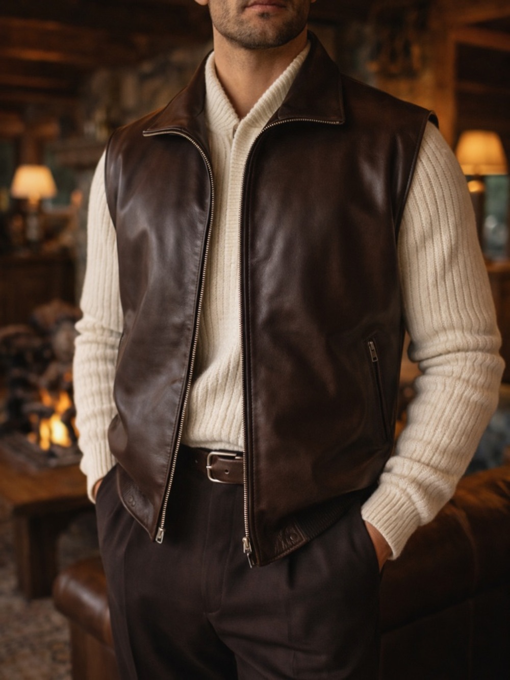 Roots Genuine Leather Vest Brown Full Zip Men’s Large Classic Heritage